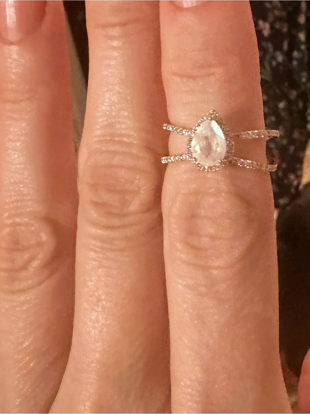 14kt Yellow Gold Double-Band Teardrop Moonstone Ring with Diamond Halo